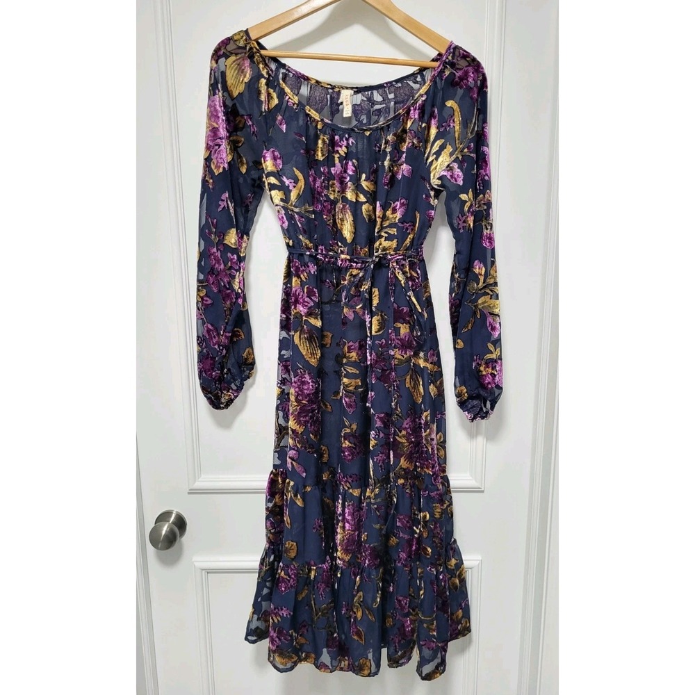 Anthropologie Raga Dark Burnout Velvet Floral Tiered  Whimsigoth Midi Dress S